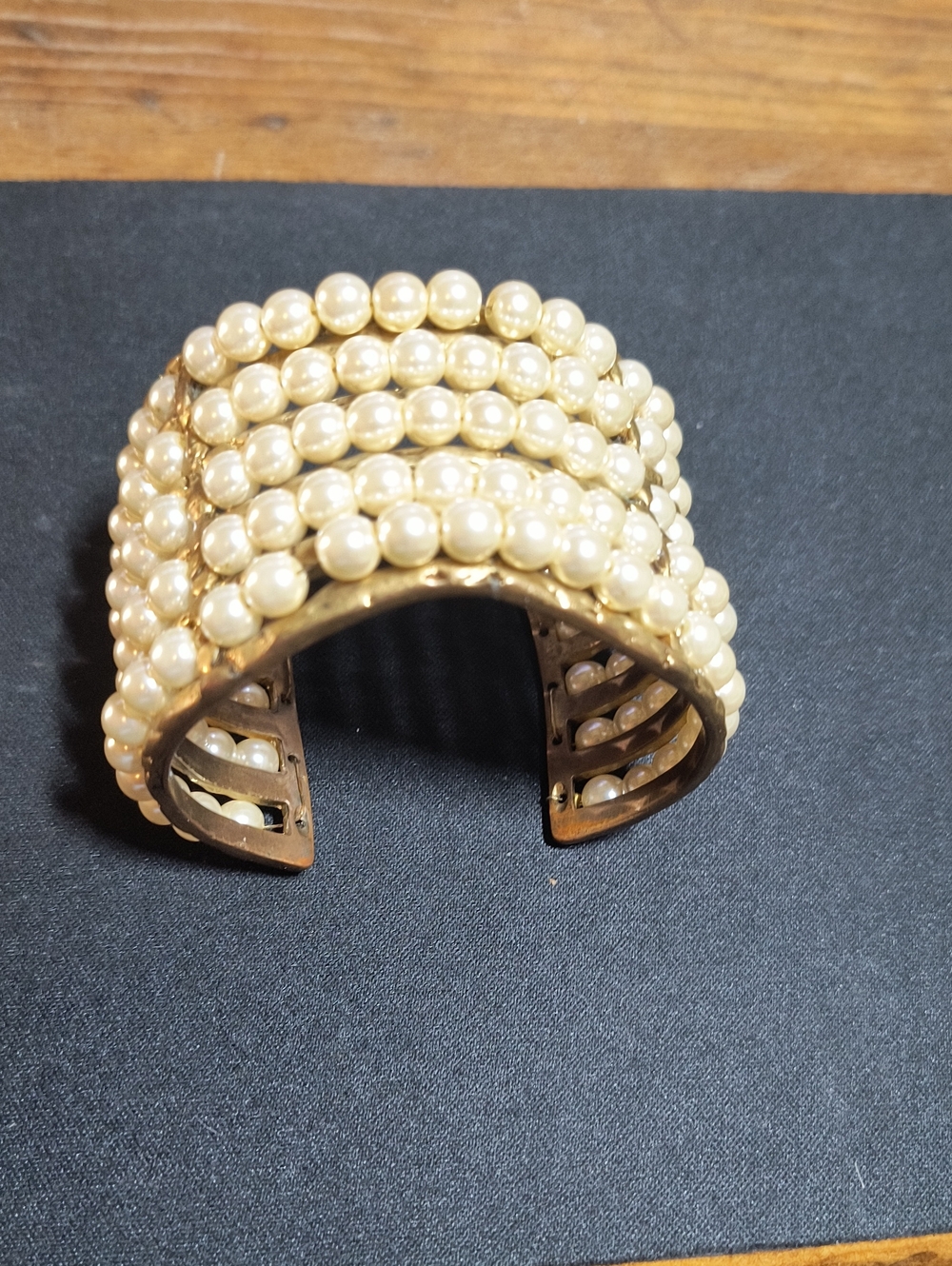 Pearl-Embellished Gold Cuff Bracelet - Cream Pearls